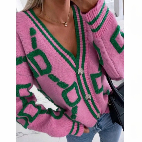 Pink Knit Cardigan Green Terrycloth Pattern Button Down - Picture 2 of 6